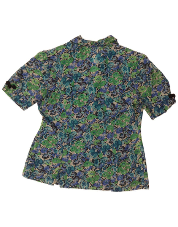 Bluzka damska z krótkim rękawem w stylu vintage, UK 14, duża, zielona, z kwiatowym octanem