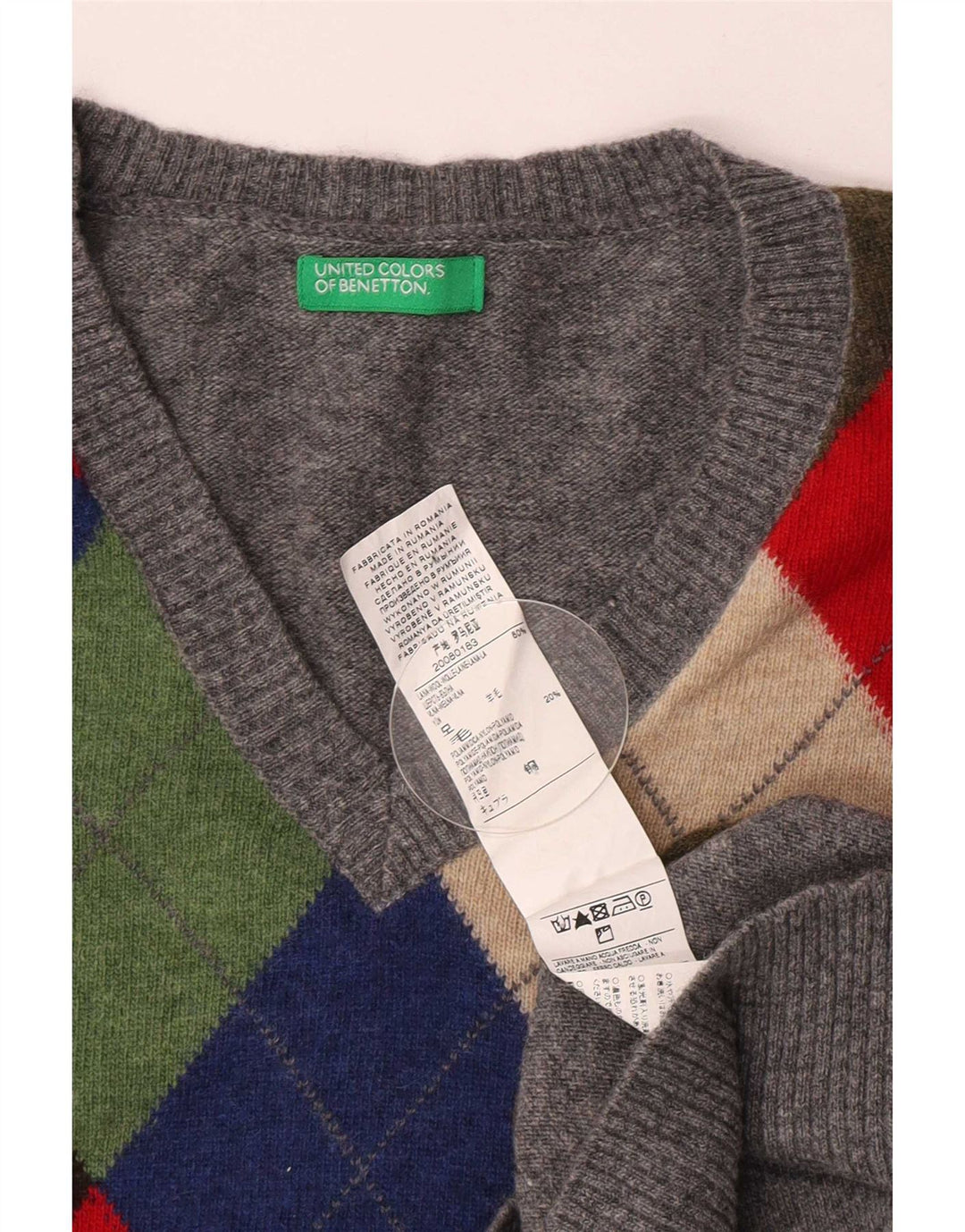 Męski sweter Benetton z dekoltem w kształcie litery V, średnioszary, argyle/diamentowa wełna