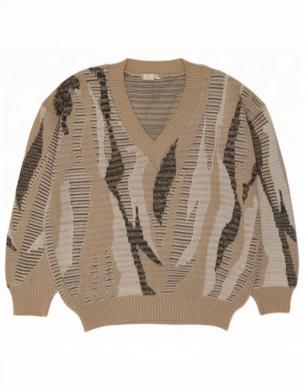 Vintage Mens Abstract Pattern V-Neck Jumper Sweater IT 48/50 Medium Grey