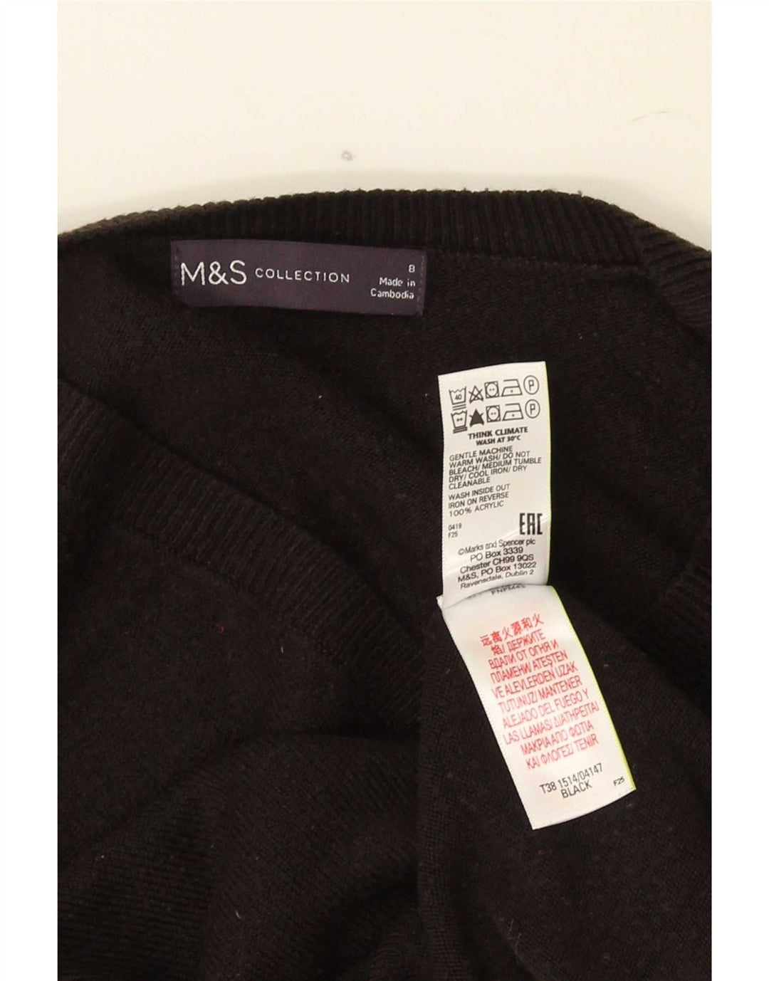 Marks & Spencer Damski sweter z dekoltem w kształcie litery V, UK 8, mały, czarny akryl