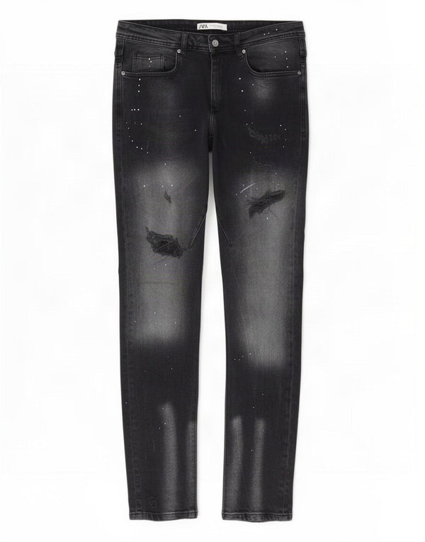 Zara Mens Acid Wash Skinny Jeans EU 44 Large W34 L32 Grey Spotted