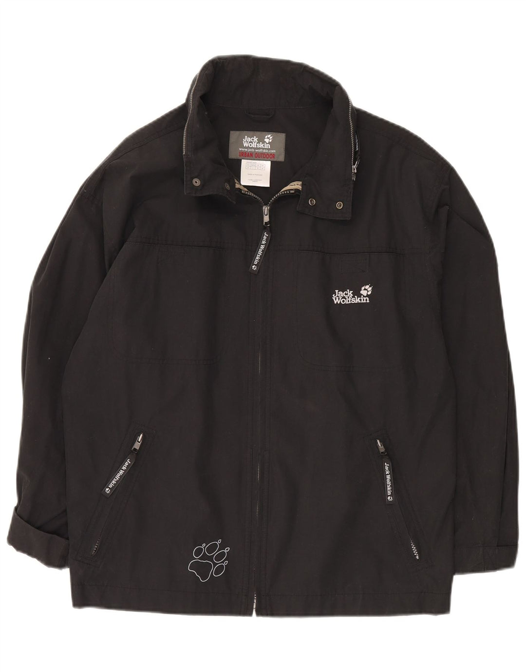 Męska kurtka przeciwdeszczowa z kapturem i grafiką JACK WOLFSKIN UK 38, średni czarny poliester