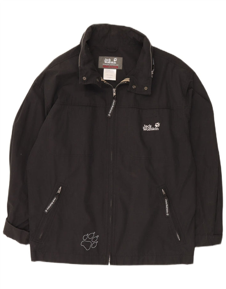 Męska kurtka przeciwdeszczowa z kapturem i grafiką JACK WOLFSKIN UK 38, średni czarny poliester