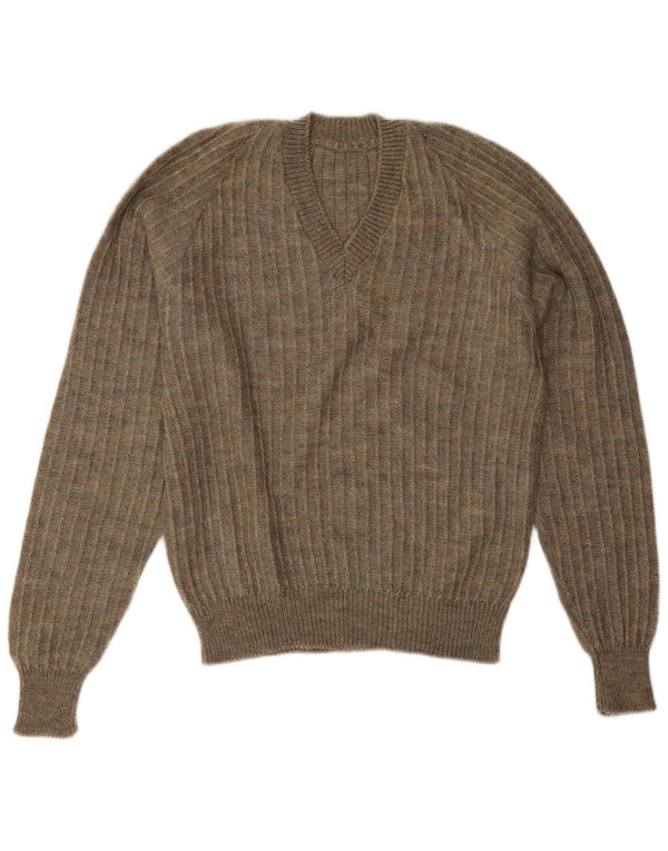 Sweter damski w stylu vintage z dekoltem w kształcie litery V, UK 18 XL, khaki, nakrapiany