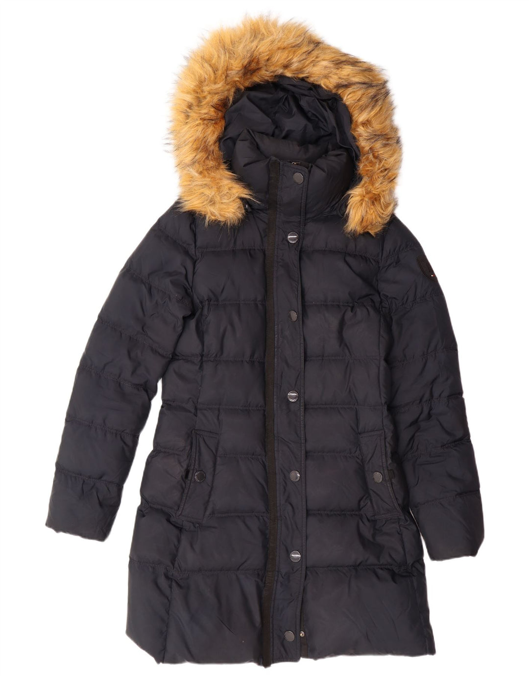 Damski ocieplany płaszcz z kapturem TOMMY HILFIGER UK 10, mały, granatowy, poliester