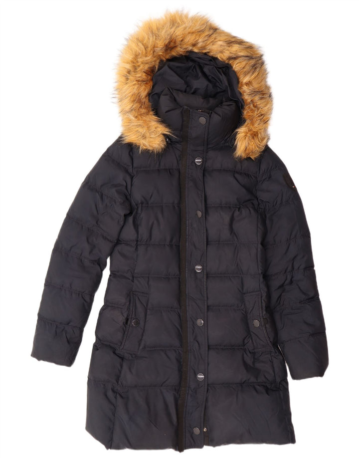 Damski ocieplany płaszcz z kapturem TOMMY HILFIGER UK 10, mały, granatowy, poliester