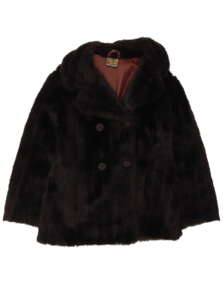 VINTAGE damski płaszcz ze sztucznego futra z podwójnymi piersiami UK 10 mały czarny akryl