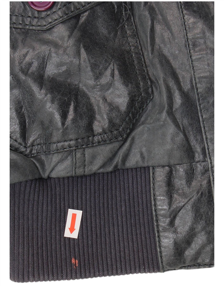 Damska kurtka skórzana typu bomber w stylu vintage IT 46, duża, granatowa, skórzana