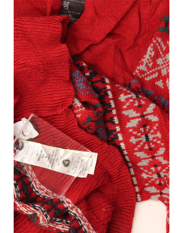 Marks & Spencer Męski sweter z szalowym dekoltem, średni czerwony Fair Isle