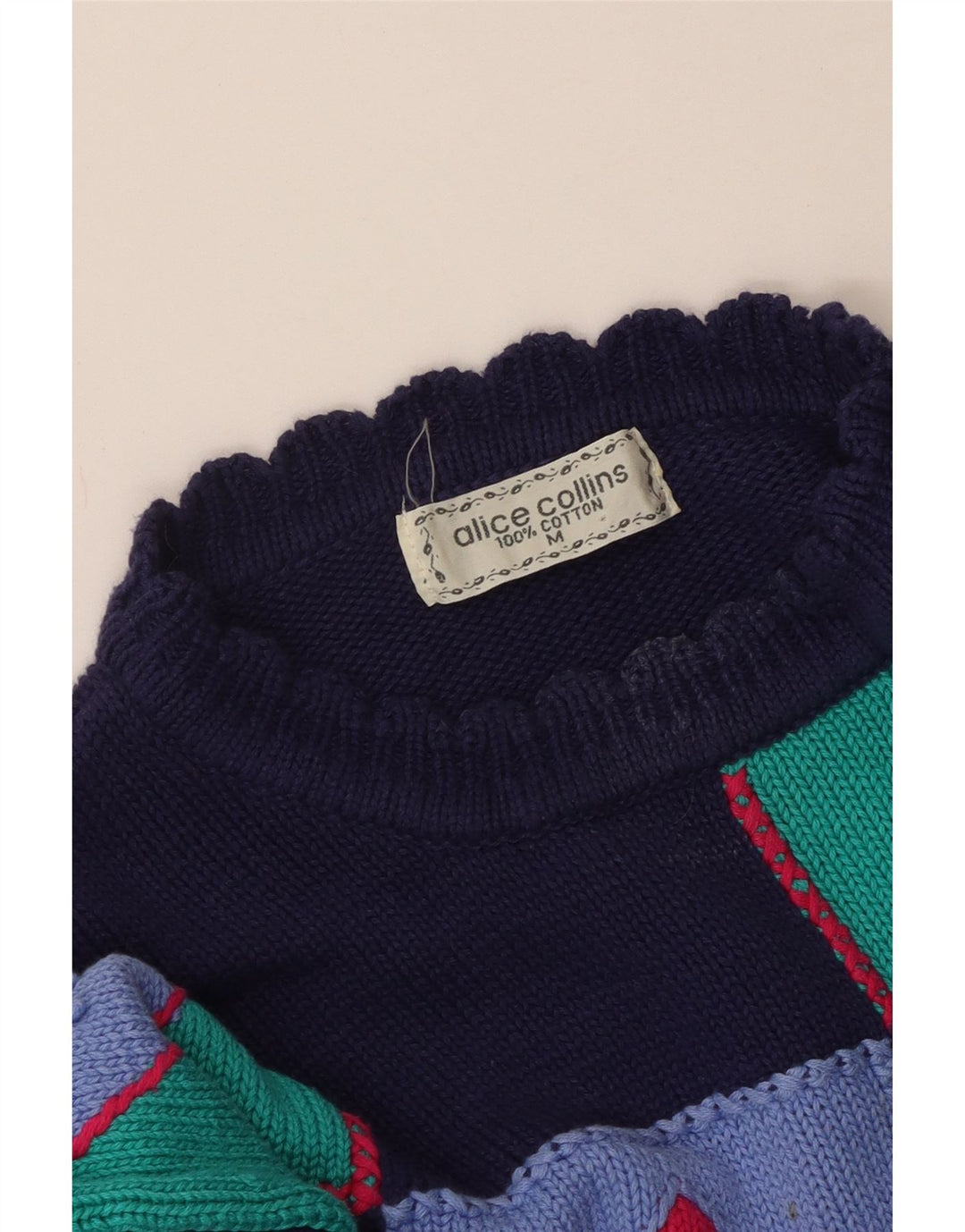 Damski sweter z okrągłym dekoltem w stylu VINTAGE UK 14 Średni granatowy patchwork