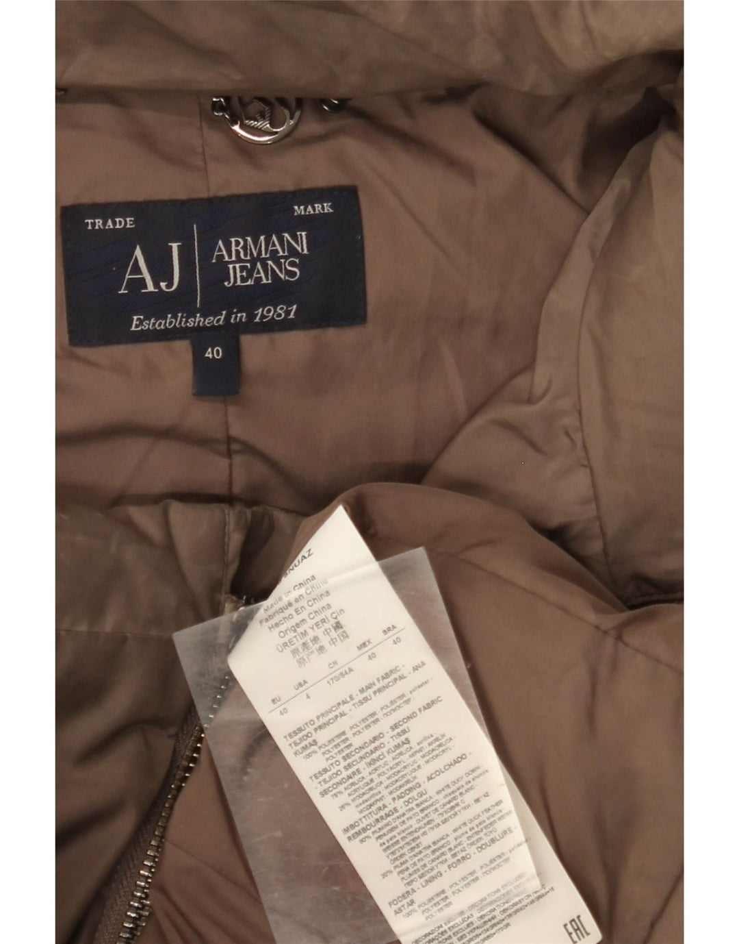 ARMANI JEANS Damska ocieplana kurtka z kapturem IT 40, mała, brązowa, poliester