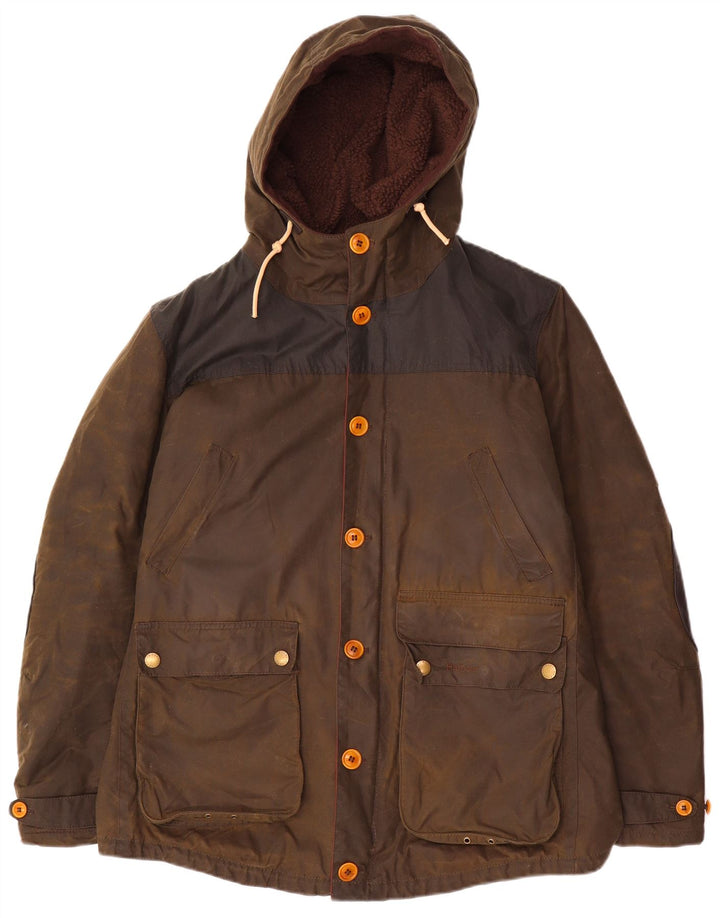 Męska kurtka z kapturem i woskowaną bawełną Barbour UK 40, duża brązowa