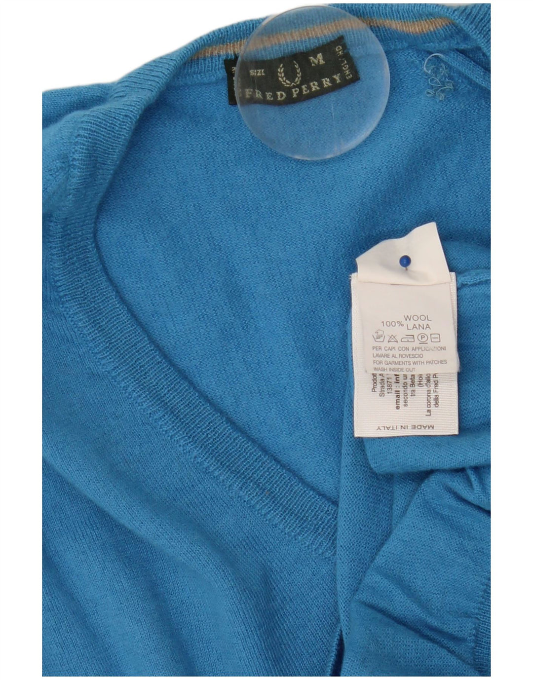 Sweter damski Fred Perry z dekoltem w kształcie litery V, UK 12, średni niebieski, wełniany