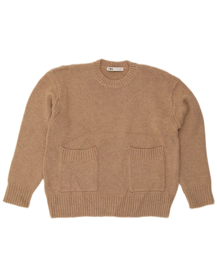 Damski sweter oversize Zara z okrągłym dekoltem, UK 10, mały, beżowy poliester