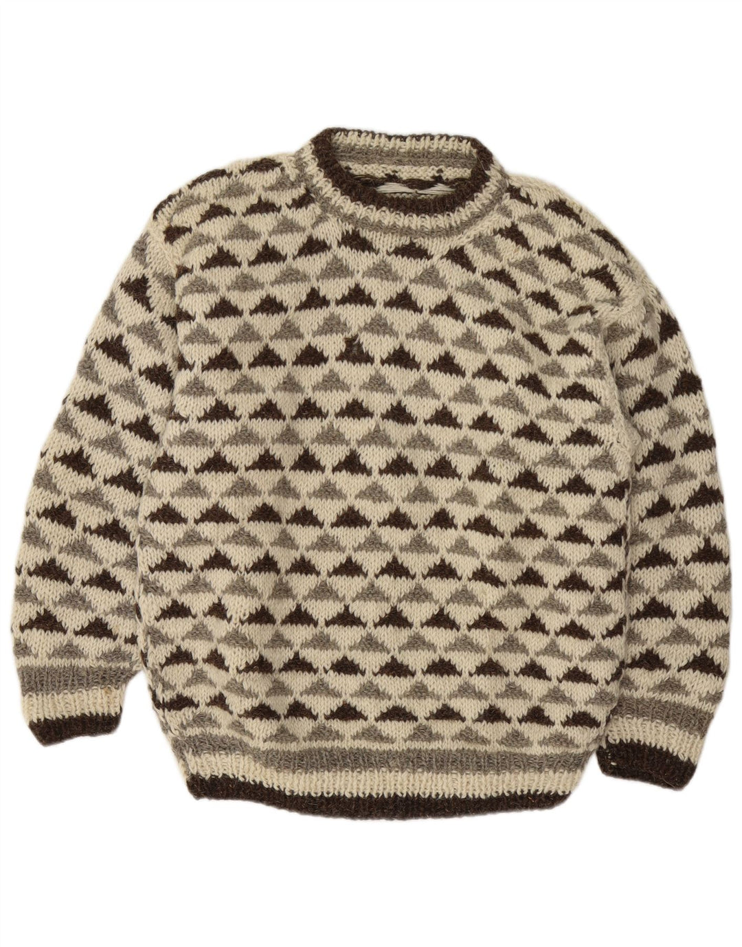 Vintage męski sweter z okrągłym dekoltem, średni, złamany biały geometryczny