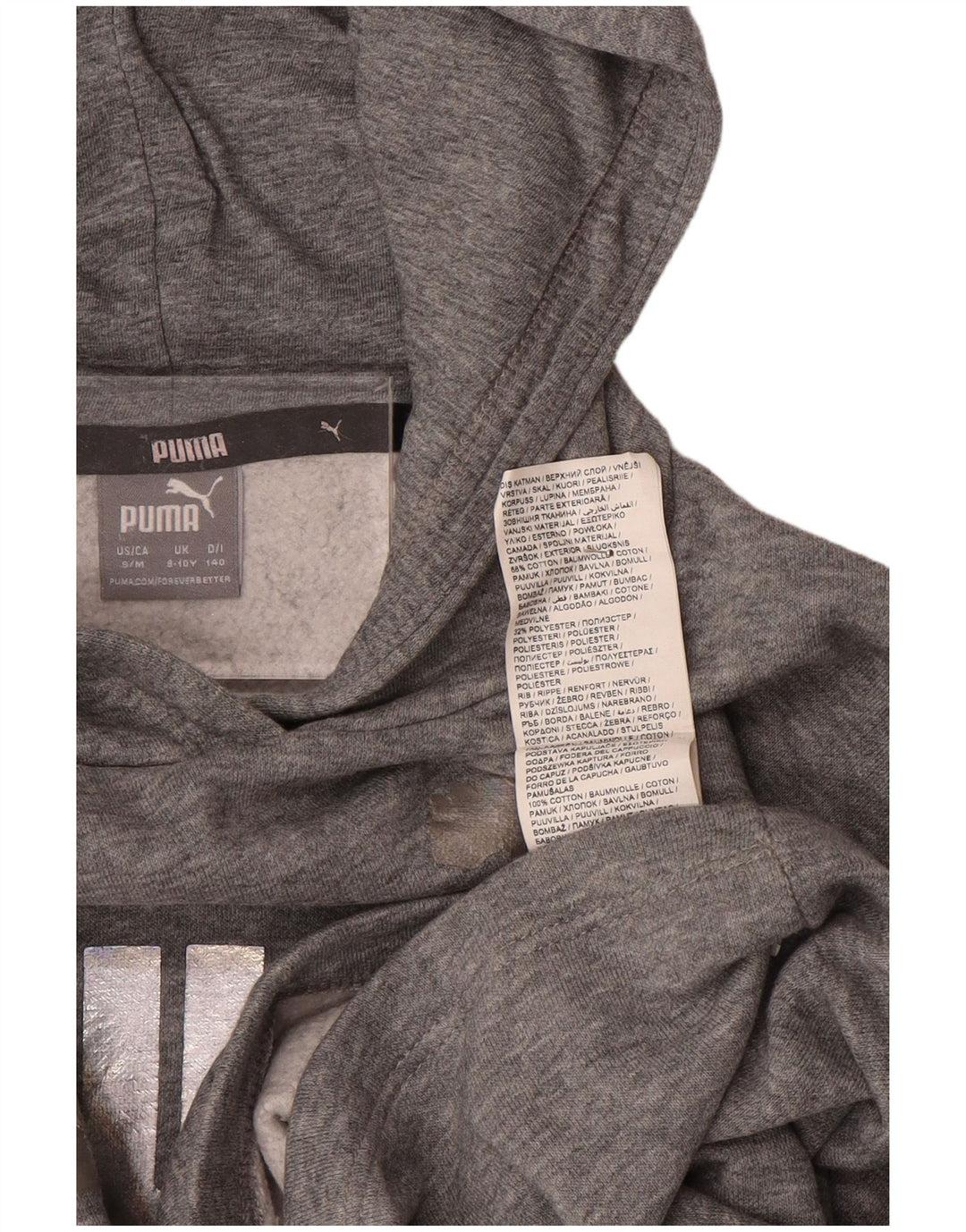 Dziewczęcy sweter z kapturem i grafiką PUMA, 9-10 lat, szara bawełna