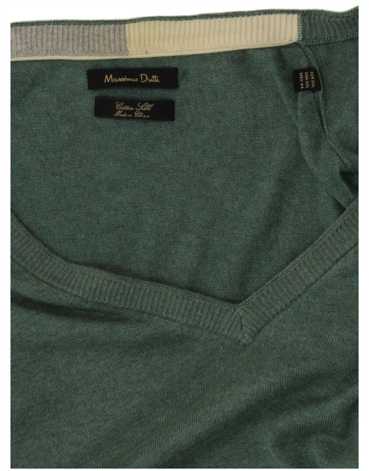 MASSIMO DUTTI Męski sweter z dekoltem w kształcie litery V, 2XL, zielony, bawełniany