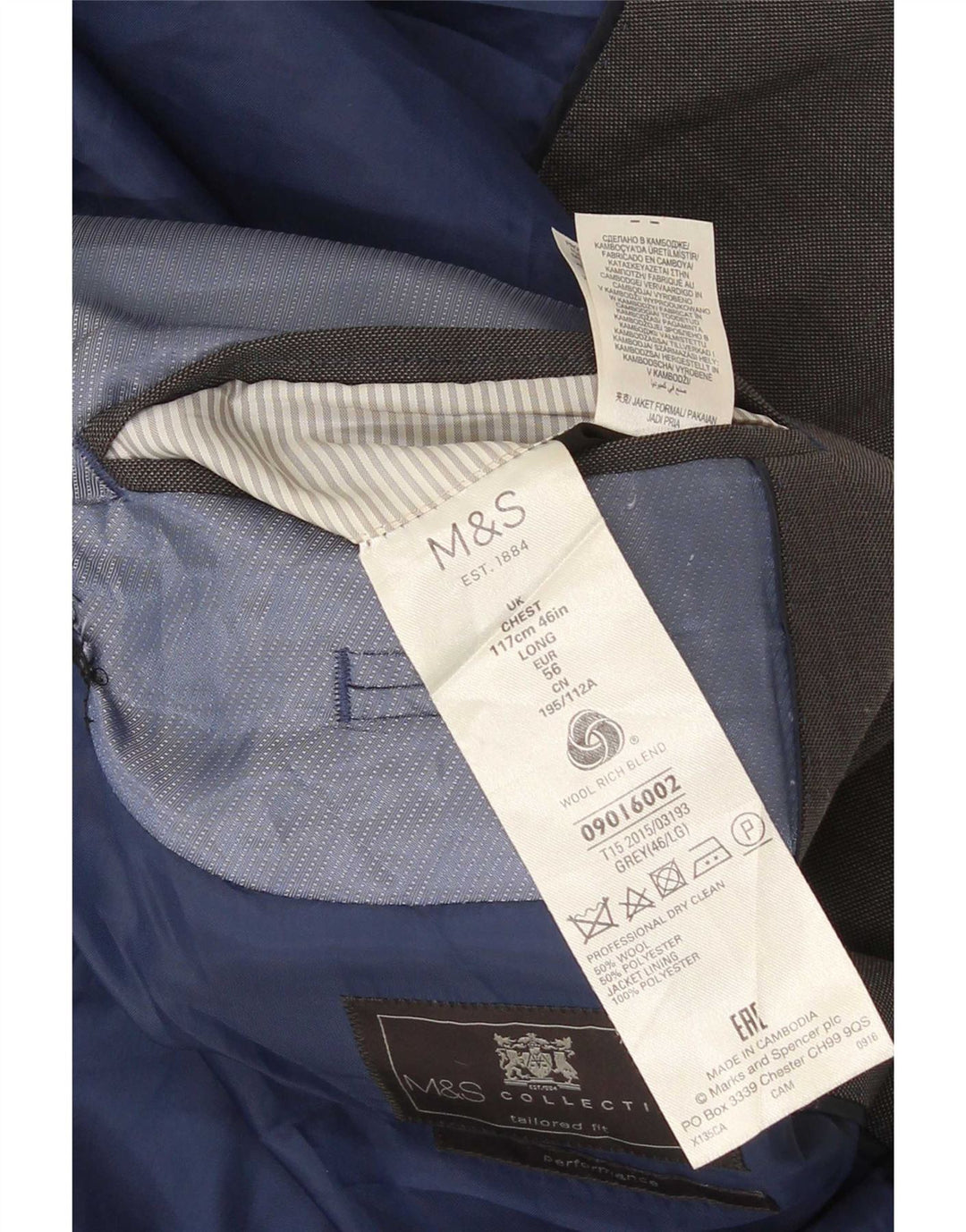 Marks & Spencer Męska marynarka o dopasowanym kroju, zapinana na 2 guziki, UK 46 XL, szara wełna