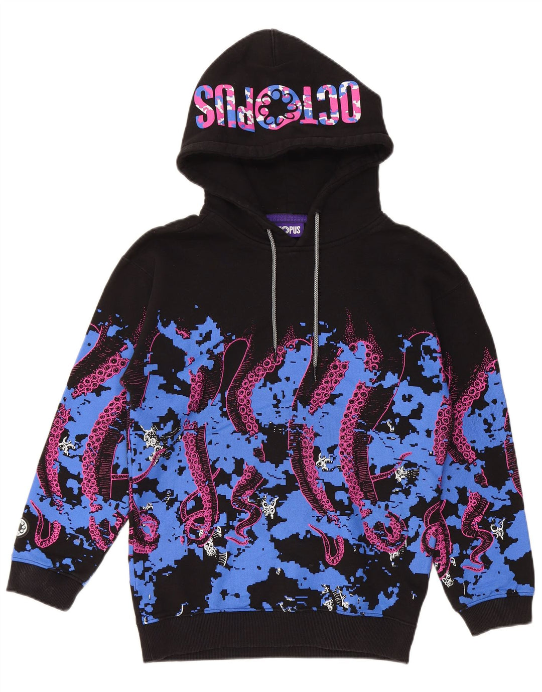 Męski sweter z kapturem i grafiką OCTOPUS, mały, czarny, bawełniany w bloki kolorów