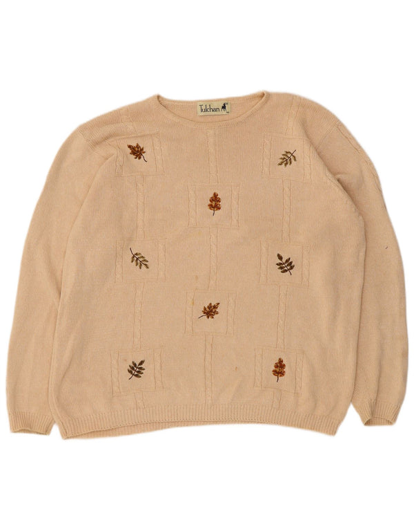Damski sweter Tulchan z dekoltem w łódkę UK 18 XL Beżowa bawełniana w kwiaty