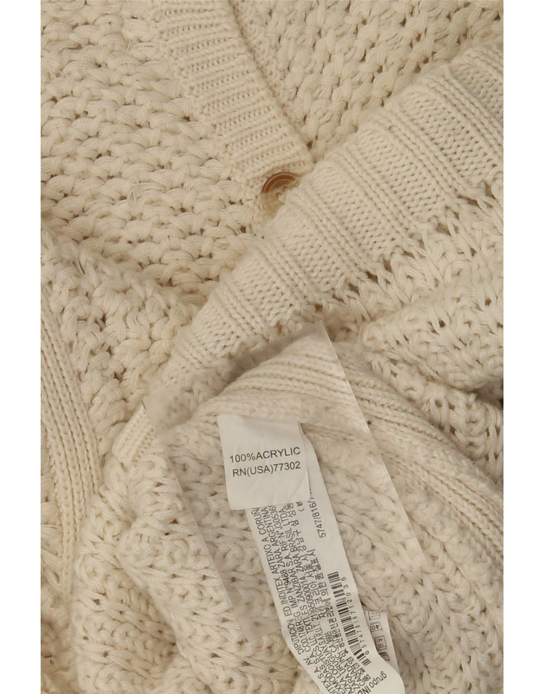 Damski sweter rozpinany z rękawem 3/4 w stylu vintage, UK 14, średni, złamany biały akryl