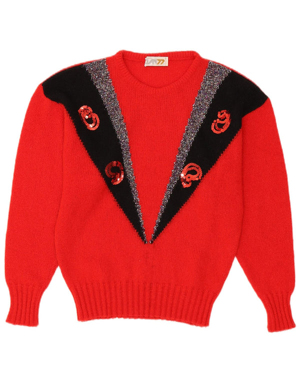 Sweter damski w stylu vintage z okrągłym dekoltem UK 14, średni czerwony moher w blokach kolorów