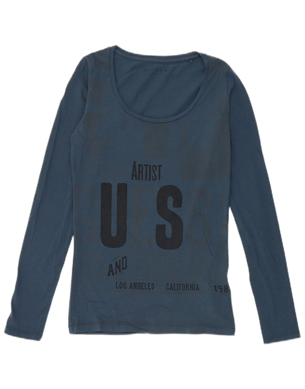 Guess Damski top z grafiką artystyczną z długim rękawem, UK 6 XS, niebieski, bawełniany