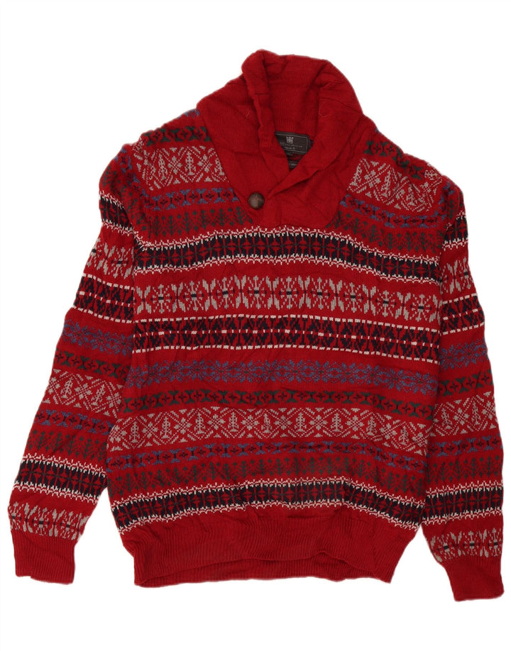 Marks & Spencer Męski sweter z szalowym dekoltem, średni czerwony Fair Isle