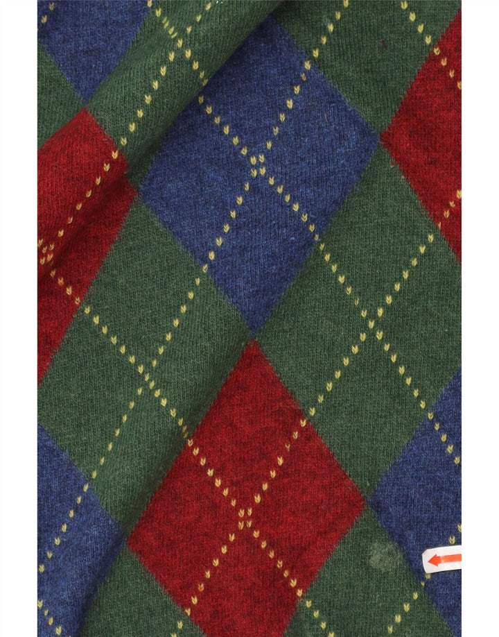 BENETTON Męski sweter z dekoltem w kształcie litery V, średni zielony Argyle/diamentowa wełna