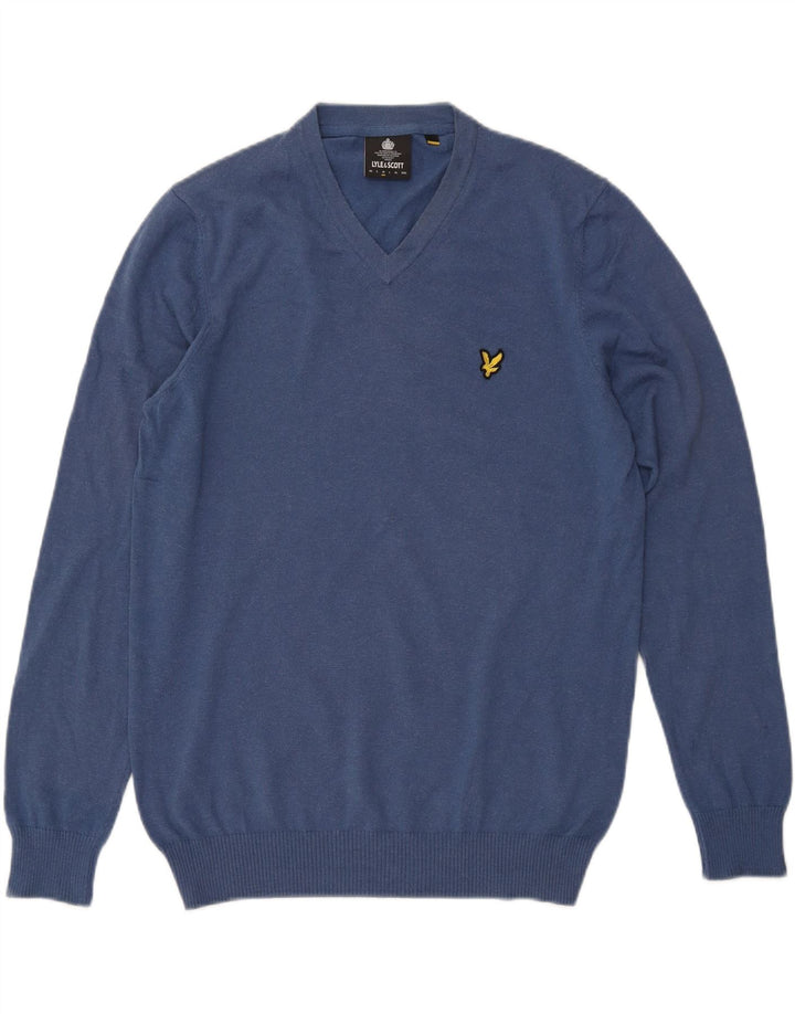 Lyle & Scott Męski sweter z dekoltem w kształcie litery V, średnioniebieski, bawełniany