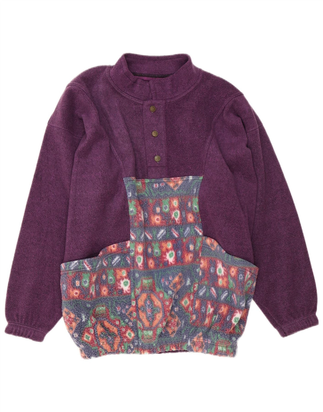 Vintage męski sweter polarowy z guzikami pod szyją, duży fioletowy geometryczny