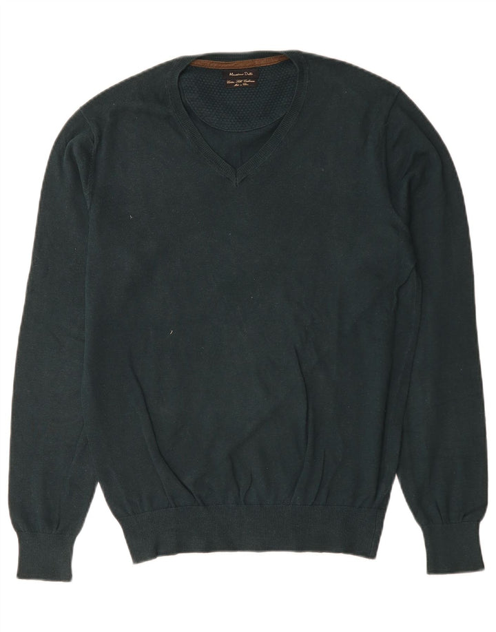 Męski sweter Massimo Dutti z dekoltem w kształcie litery V, mały, zielony, bawełniany