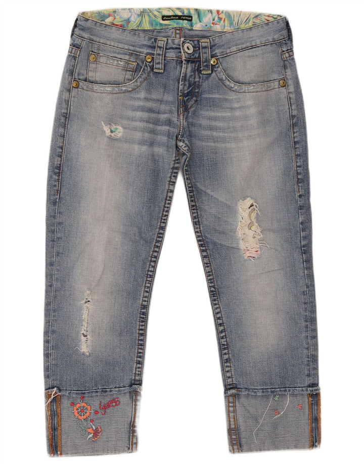 Damskie jeansy Guess w trudnej sytuacji, przycięte W28 L24, niebieska bawełna