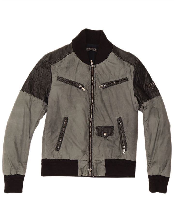 Vintage męska wąska kurtka bomber EU 50, duży szary nylon w blokach kolorów