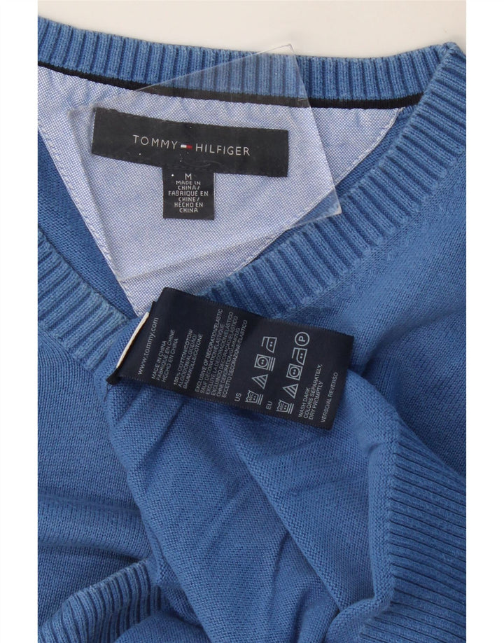 Męski sweter TOMMY HILFIGER z dekoltem w kształcie litery V, średnioniebieski, bawełniany