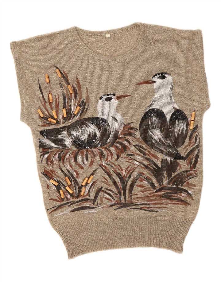 Damski sweter w stylu vintage z graficznym wycięciem pod szyją, UK 12, średni khaki