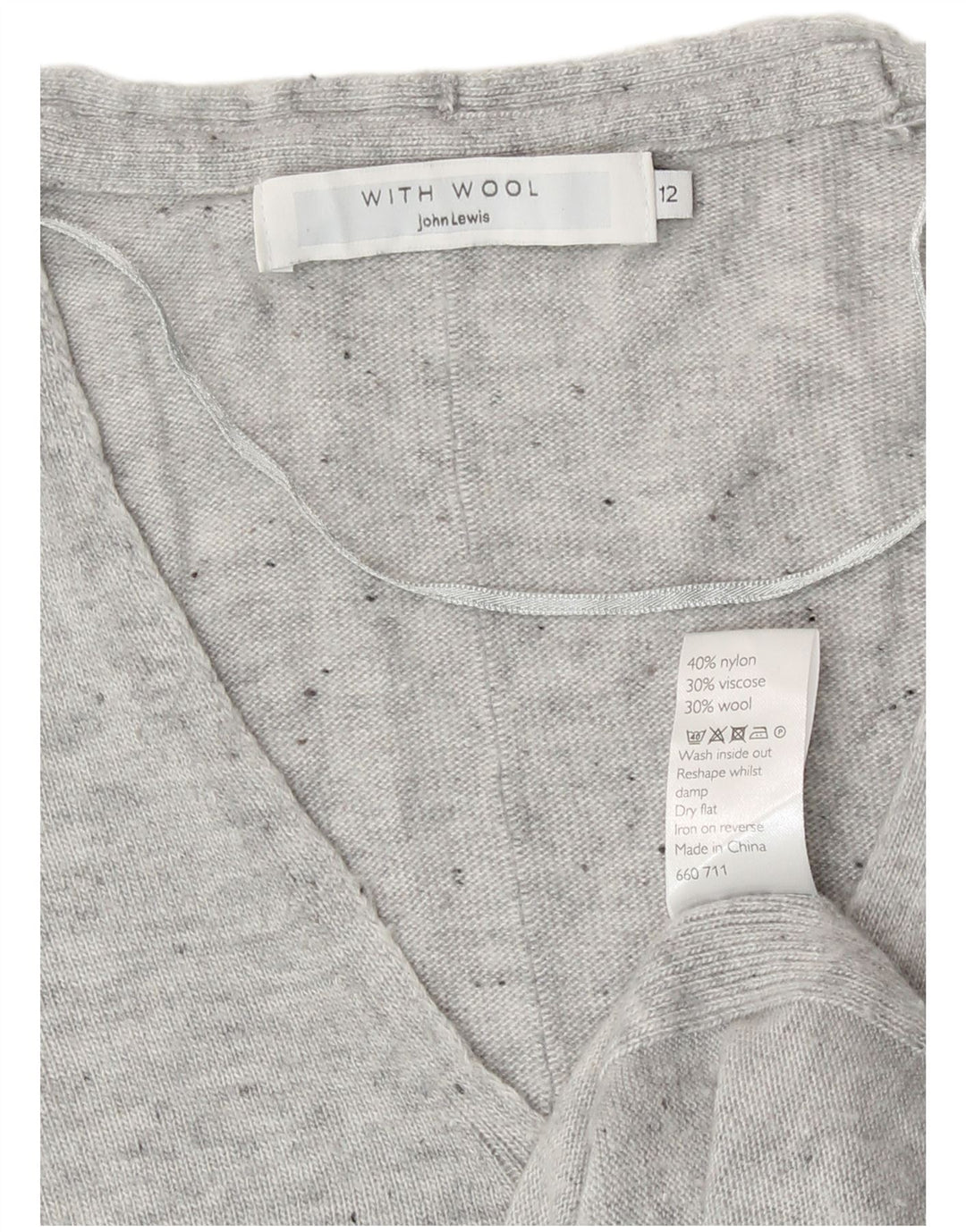 Damski sweter z dekoltem w kształcie litery V, John Lewis, UK 12, średni szary, nakrapiany nylon