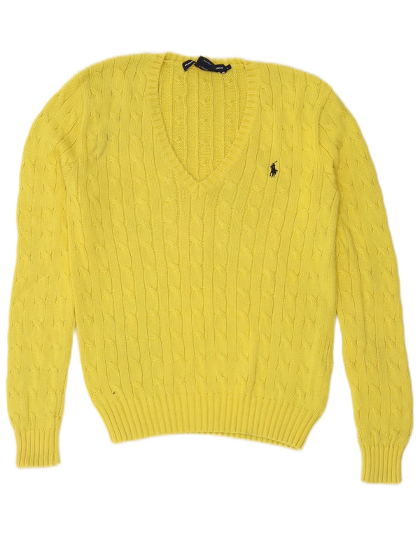 Sweter damski Ralph Lauren z dekoltem w kształcie litery V, UK 14, duży, żółty, bawełniany