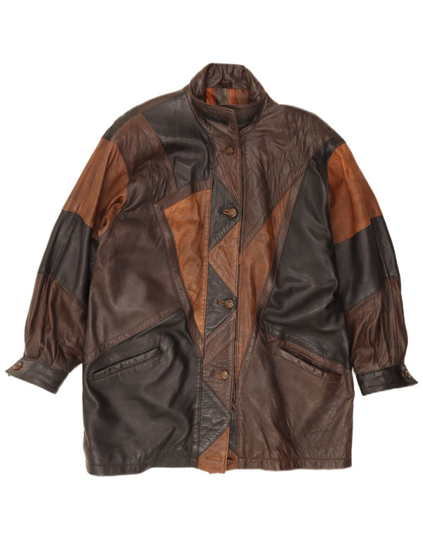 Damski płaszcz skórzany Maddox oversize EU 42, duża brązowa skóra z blokami kolorów