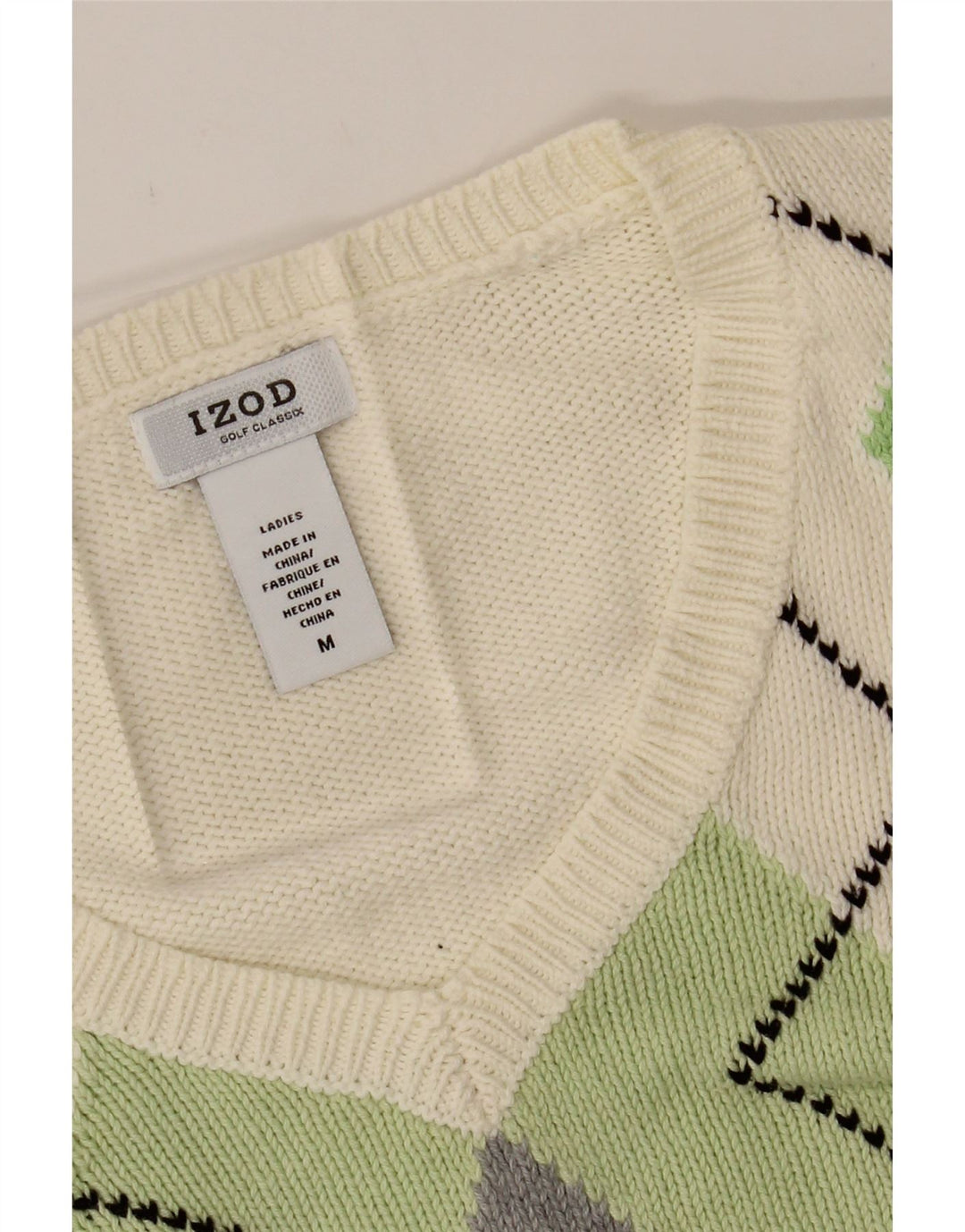 IZOD Womens V-Neck Jumper Sweater UK 14 Medium White Argyle/Diamond Cotton Vintage Izod and Second-Hand Izod from Messina Hembry 