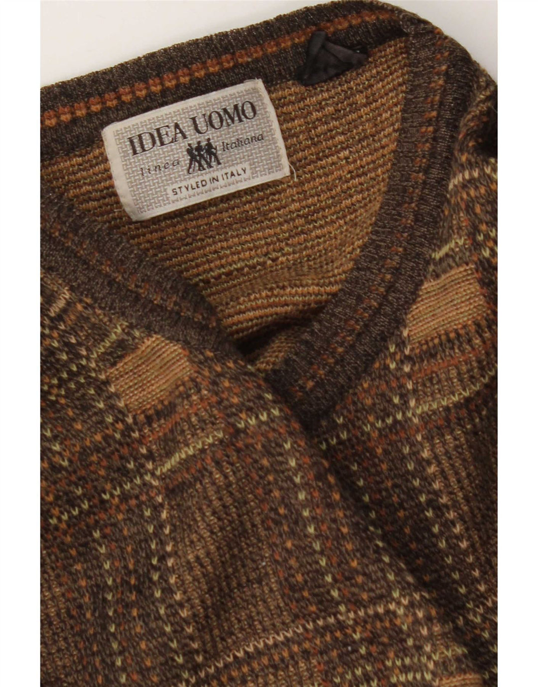Vintage męski sweter z okrągłym dekoltem, duża brązowa kratka