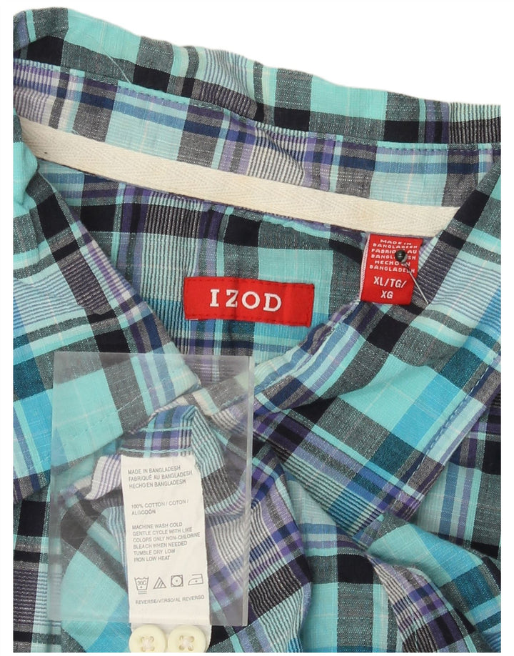 Izod Męska koszula z krótkim rękawem XL w turkusową kratę, bawełniana