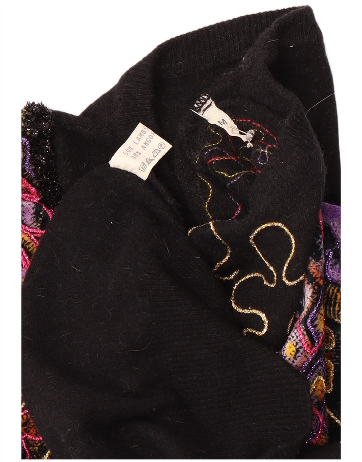 Vintage damski sweter z abstrakcyjnym wzorem i okrągłym dekoltem UK 14, średni czarny