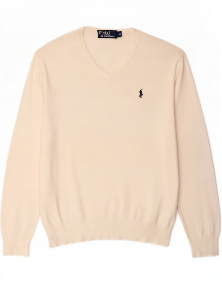 Polo Ralph Lauren Męski sweter z dekoltem w kształcie litery V, średniej wielkości biała bawełna