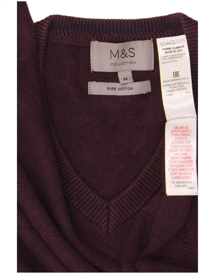 Marks & Spencer Męski sweter z dekoltem w kształcie litery V, średniej wielkości bordowa bawełna