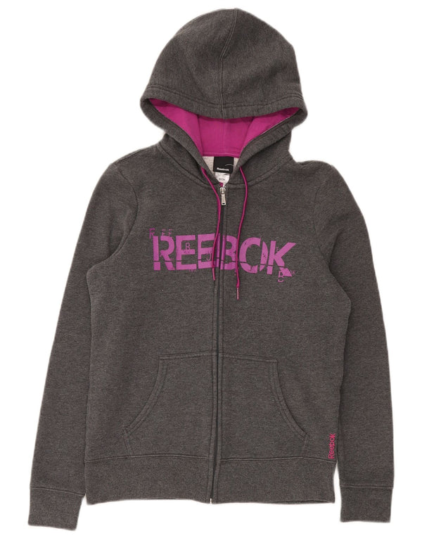Damski sweter Reebok z grafiką i zamkiem błyskawicznym, UK 10, mały, szary, bawełniany