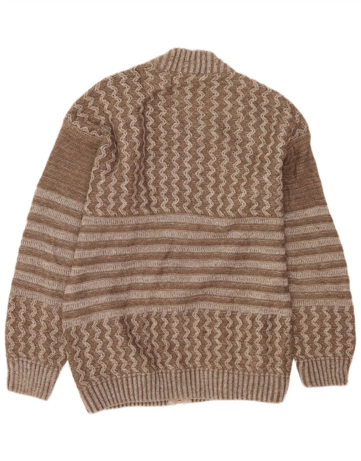 Vintage męski sweter z grafiką, duży brązowy patchworkowy wełniany