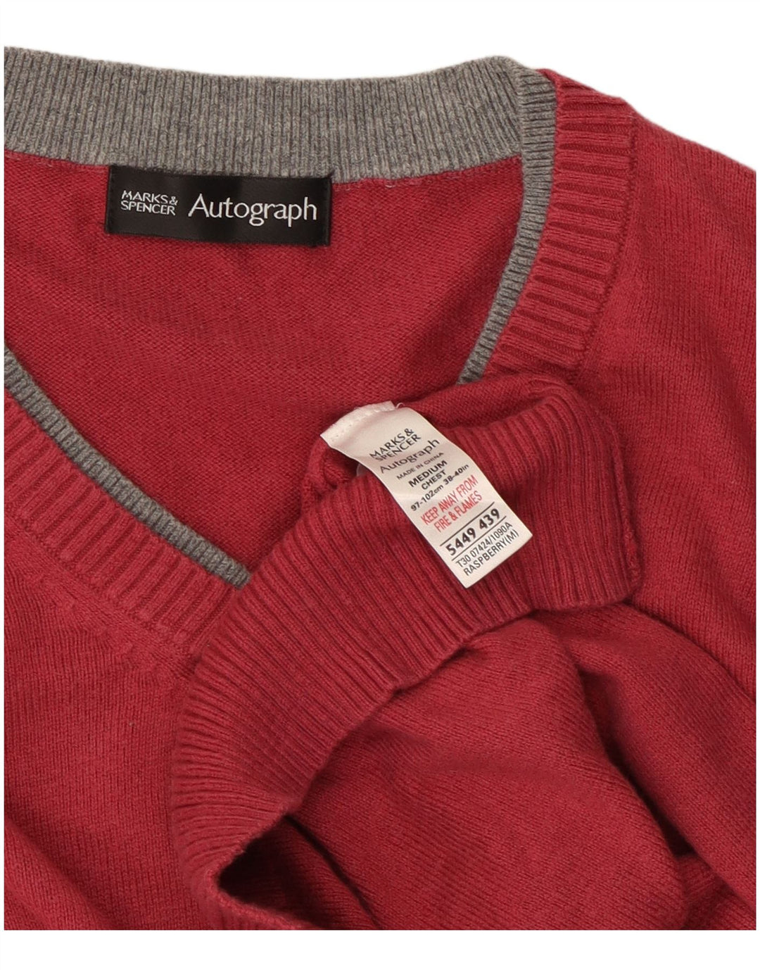 Marks & Spencer Męski sweter z dekoltem w kształcie litery V, średniej wielkości, bordowy, bawełniany