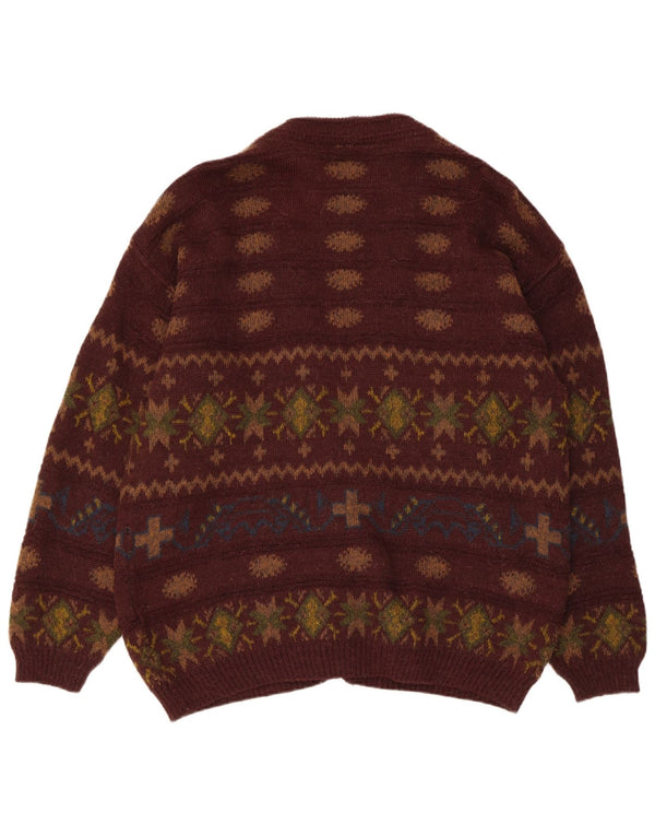 Vintage męski sweter kardigan IT 50 średni brąz Fair Isle Alpaca Wool