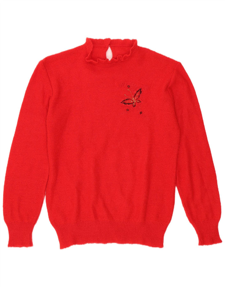 Sweter damski w stylu vintage z golfem UK 14, średni czerwony motyl